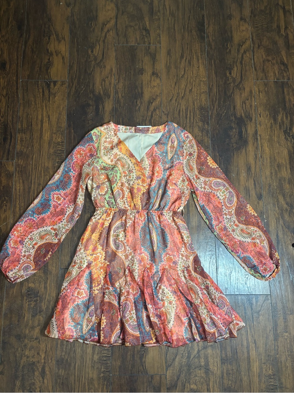 Women’s Size Small Boho Paisley V-Neck Long Sleeve Mini Dress Multi-Color